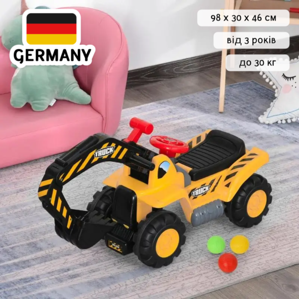 Екскаватор дитячий від 3 років Толокар Каталка 4-в-1 Спецтехника HOMCOM 98 x 30 x 46 см Німеччина